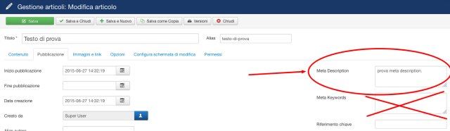Ottimizzazione SEO di un contenuto su Joomla description seo joomla