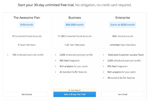 pricing table