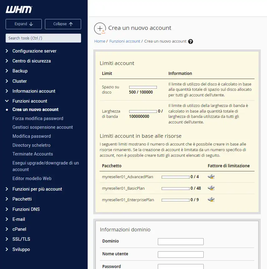 creare nuovo account come hosting reseller