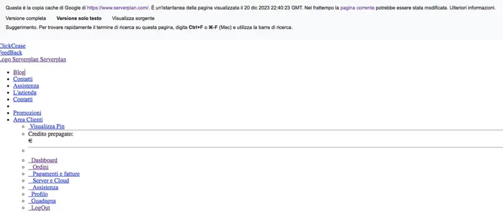 Il risultato solo testo di Serverplan.