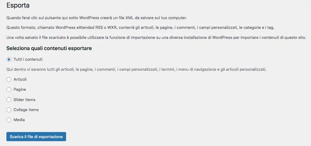 Come esportare solo i contenuti del sito