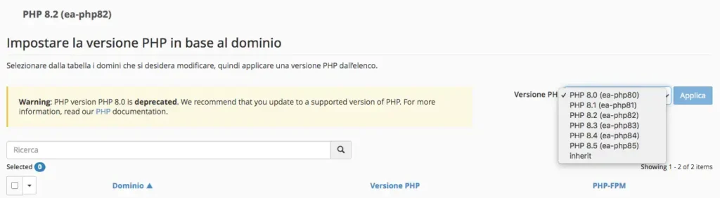 Utilizza una versione aggiornata di PHP