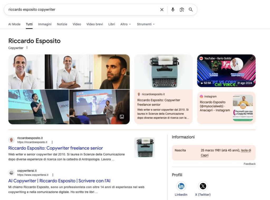 Esempio di Knowledge Panel personale.